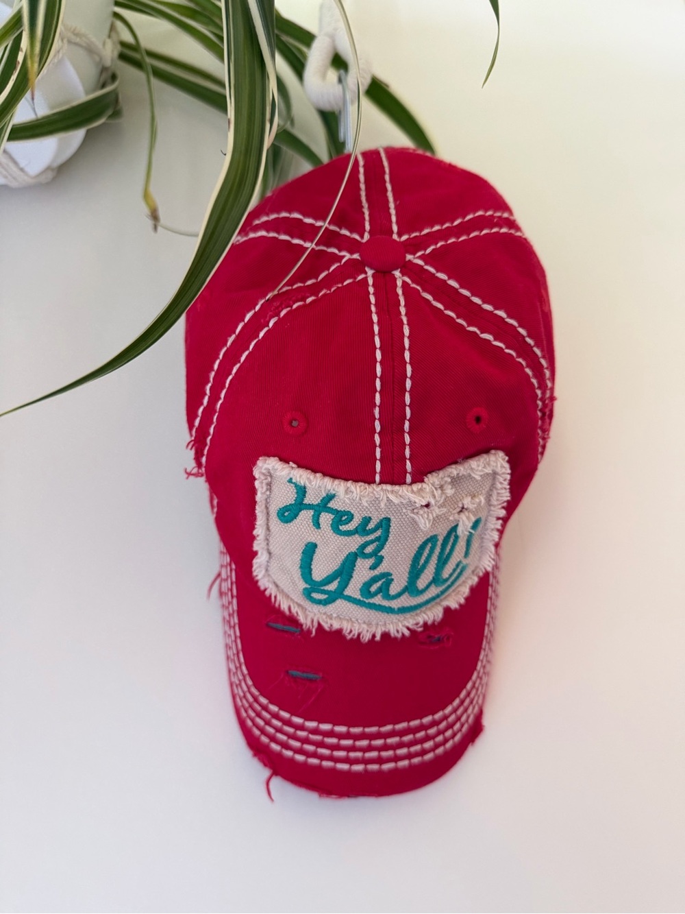 “Hey y’all” distressed KBETHOS Vintage brand baseball hat-red & teal rodeo fit